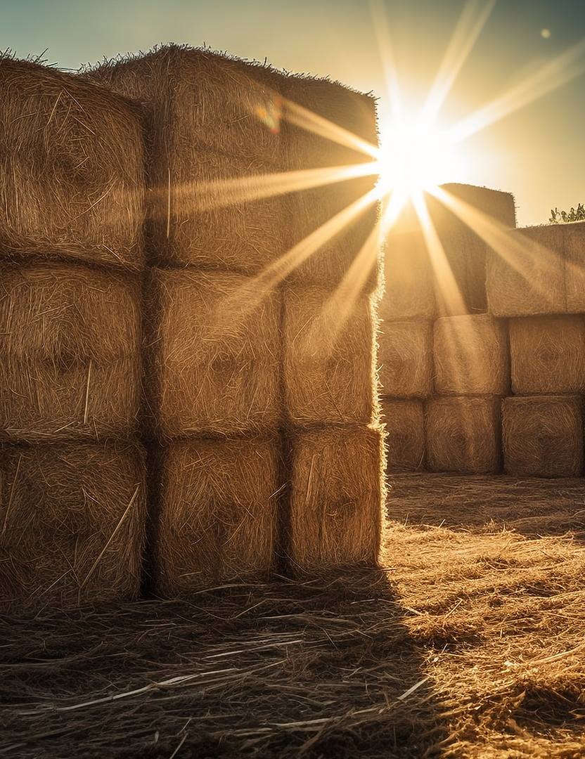 Hay bales stacked in a meadow, nature golden harvest rolled up generated by artificial intelligence